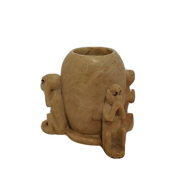 Vintage SoapStone Carved Vase See No Hear No Speak No Evil Monkeys Peeking 3" - Picture 1 of 7